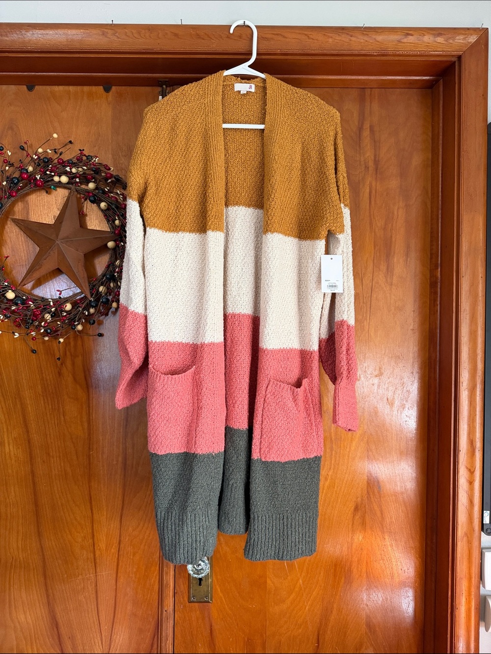 SO Colorblock Open-Front Cardigan in Mustard, Cream, Pink, Gray